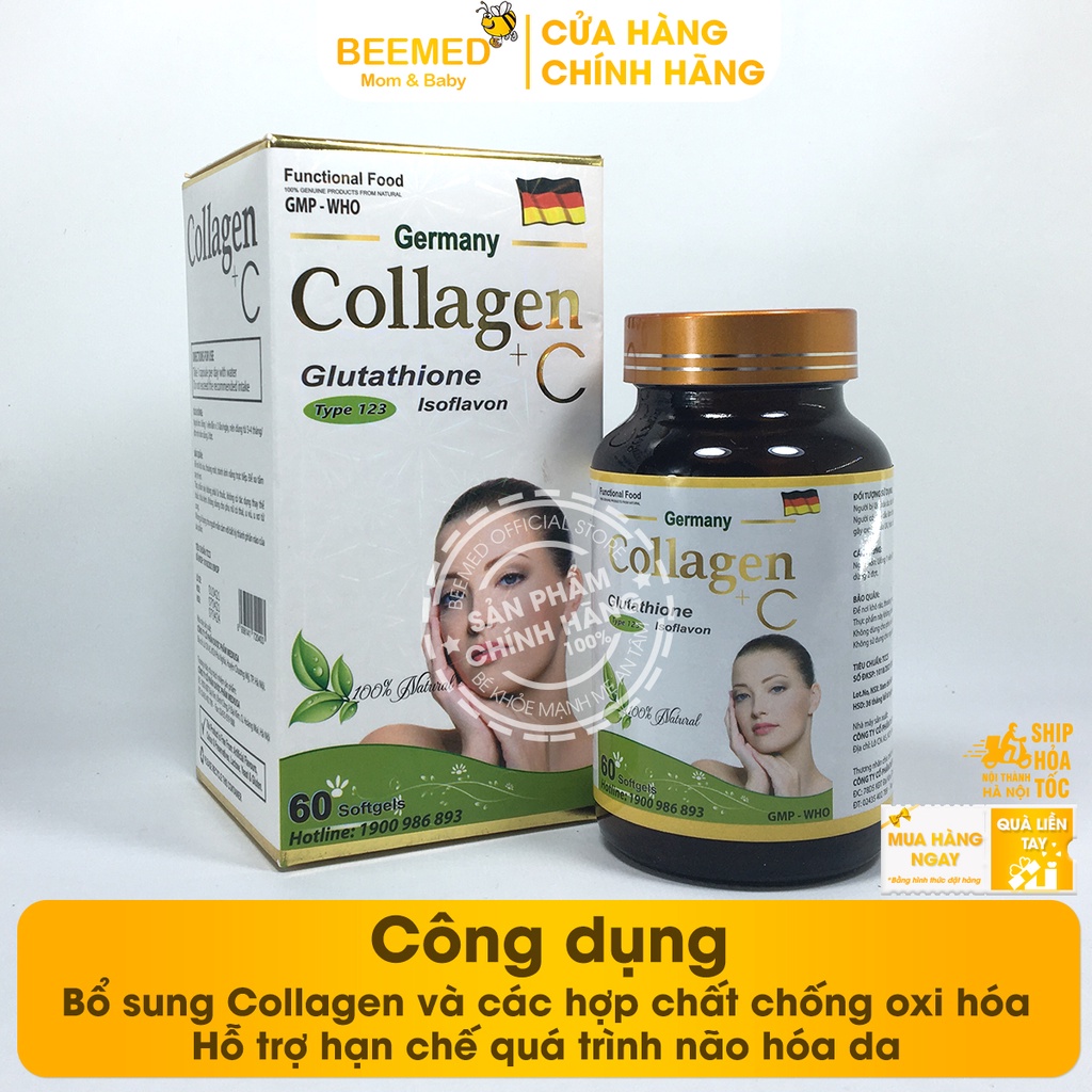 Bổ sung nội tiết tố từ Collagen C thủy phân - Collagen +C hộp 60v có thêm vitamin C, E, glutathion và mầm đậu nành