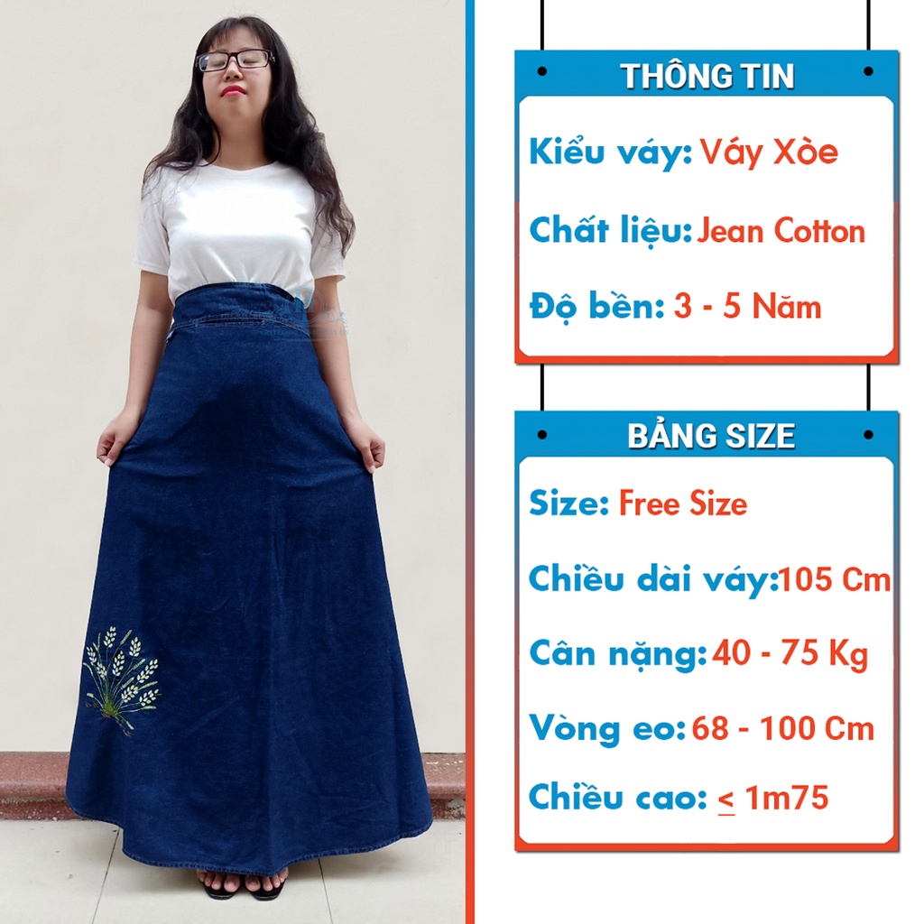 Váy Chống Nắng Dài Dạng Xòe Cho Nữ Vải Jean Cotton Dày Mềm Có Nút Bấm Chắc Chắn Thêu Bông Lúa H&amp;T Fashion
