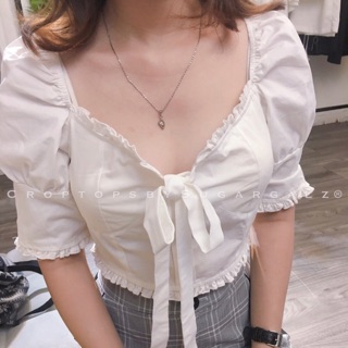 [Ảnh thật] Áo croptop cúp ngực thắt nơ viền bèo tay bồng phồng thiết kế - by SugarG