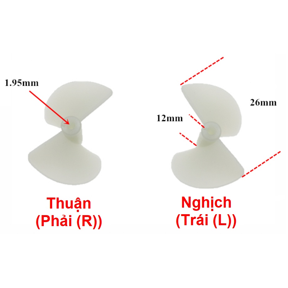 1 Cặp chân vịt 2 cánh 26mm lỗ 2mm (Thuận + Nghịch). Dùng chế thuyền, cano mô hình