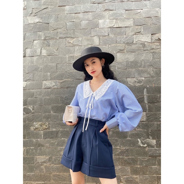 sơmi sọc xanh cổ ren