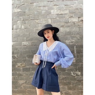 Sơmi sọc xanh cổ ren