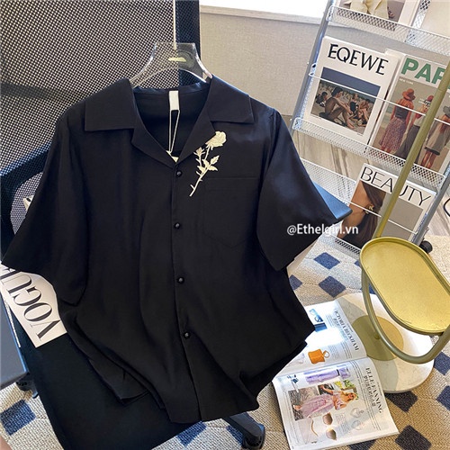 Áo Sơ Mi Nữ Ngắn Tay Màu Đen Thêu Hoa Hồng Thời Trang