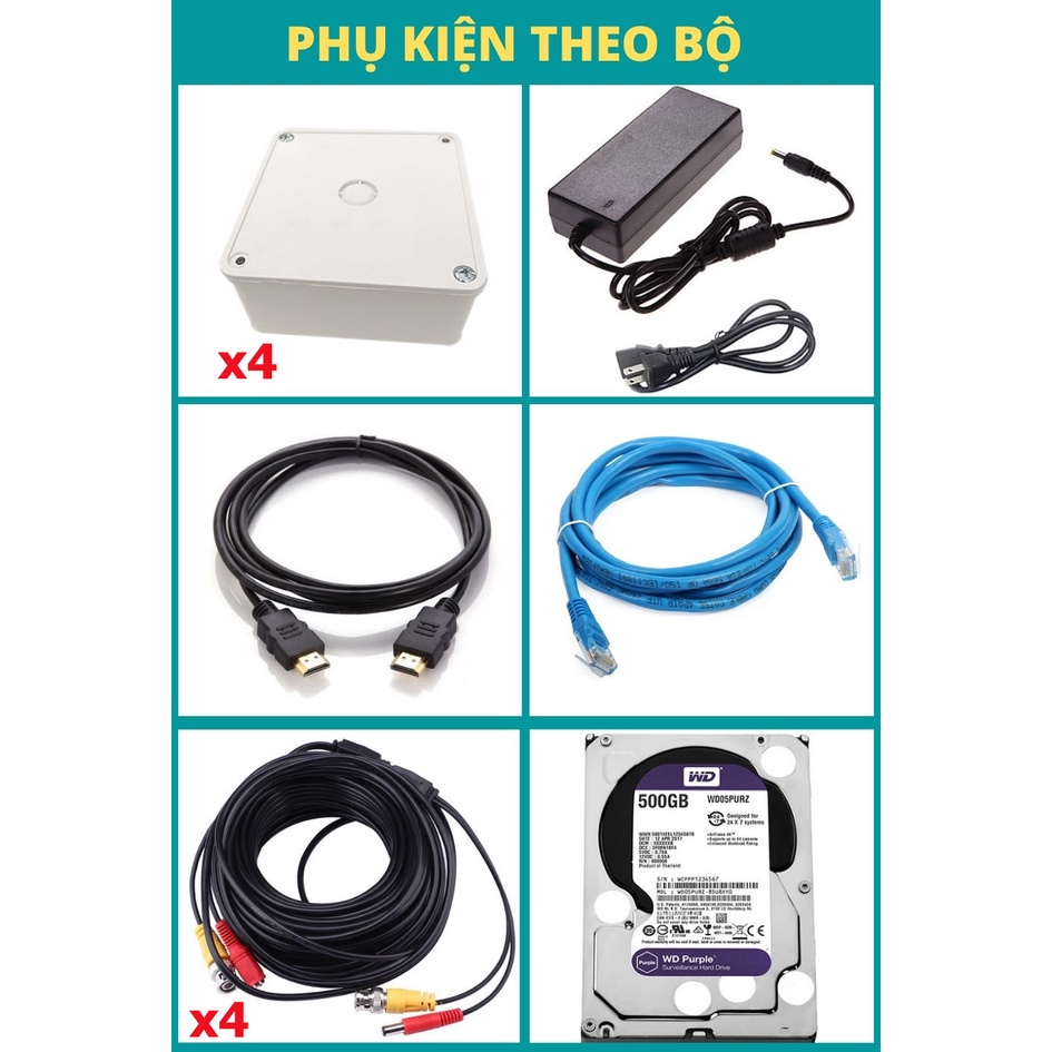 Trọn bộ camera 4 mắt Hikvision trong nhà ngoài trời, chống trộm Full HD chính hãng-309cctv