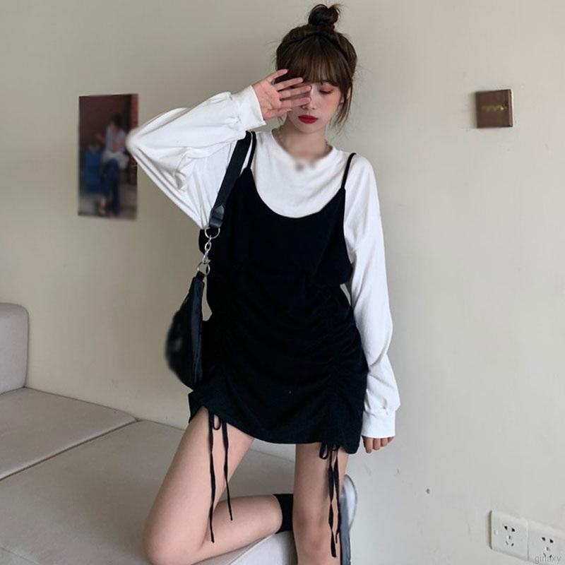 Đầm dáng dài giả hai lớp phối tay dài phong cách Hàn Quốc trẻ trung