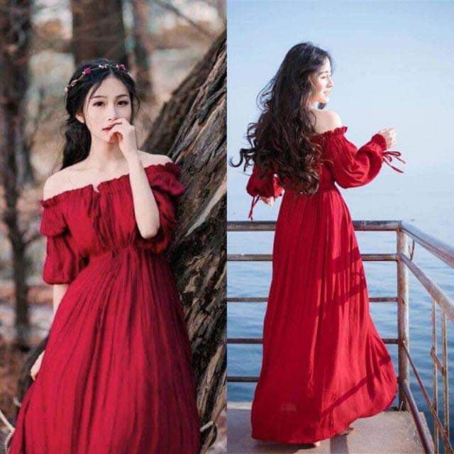 DM926 đầm maxi tay dài trễ vai đỏ siêu xinh