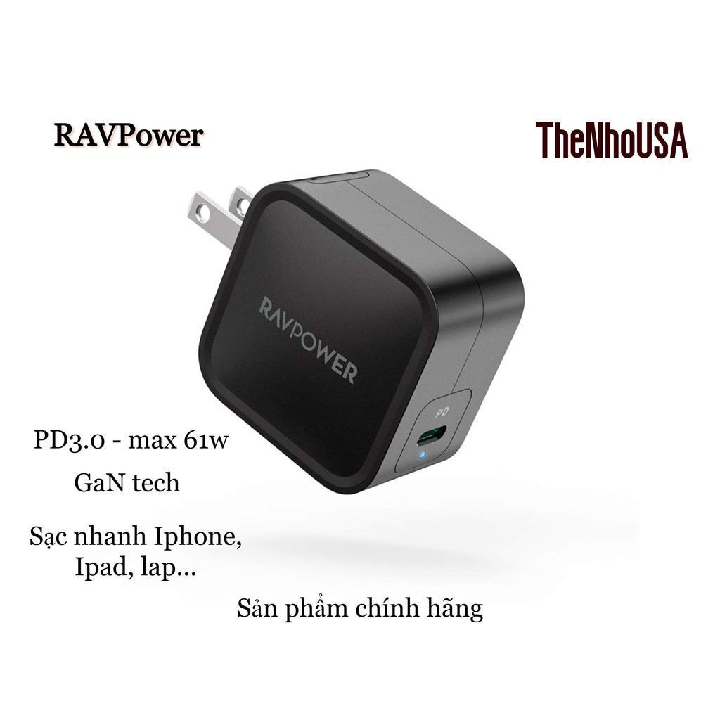 Sạc RAVPower Type C - 61w - GaN (RP-PC112)