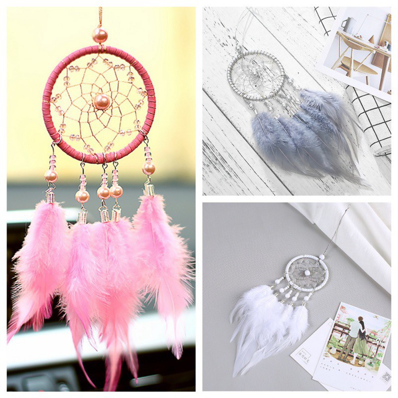 Lưới giấc mơ Dreamcatcher đính lông vũ màu hồng và trắng