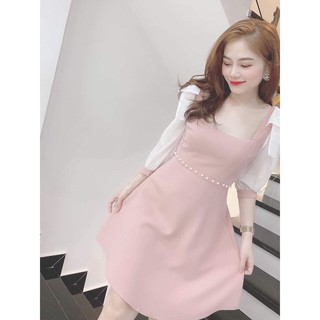 Đầm Nữ Cột Nơ Trên Vai Cườm Ngọc Ôm Eo Phối Tay Lụa Ribisachi