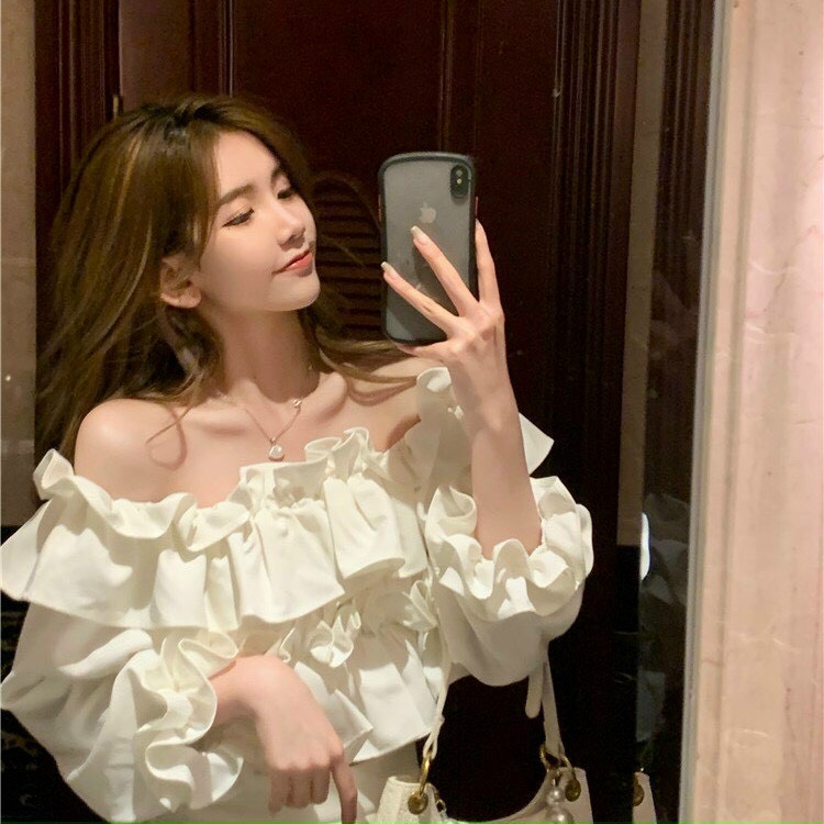 Áo trắng trễ vai nhún tầng KÈM ẢNH THẬT  BAO KIỂM ❌