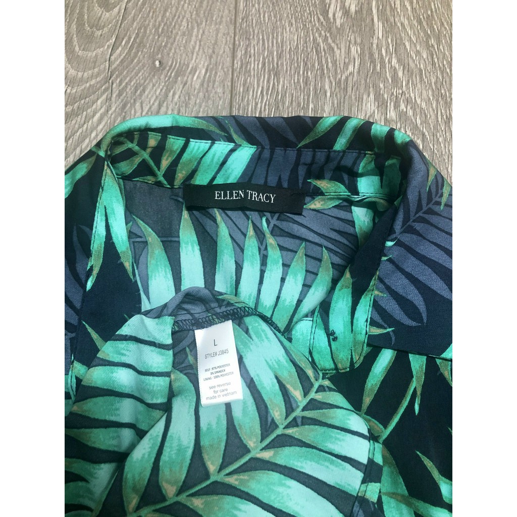 Áo Sơ Mi Nam ELLEN TRACY Tôn Navy In Hoa Lá Xanh Tay Ngắn Không Túi