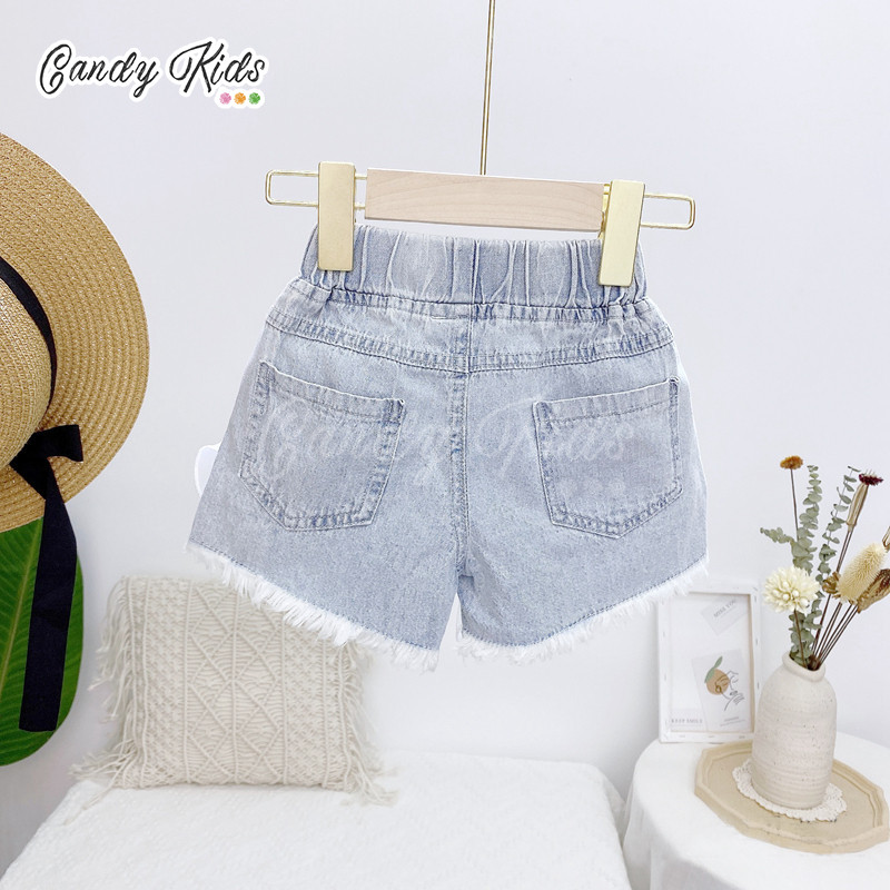 Quần Short Denim Viền Ren Đính Ngọc Trai Thời Trang Cho Bé Gái (3-8 Tuổi)