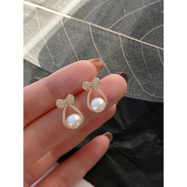 Bông tai, khuyên tai hình chiếc nơ đính ngọc trai nhân tạo phong cách tiểu thư BT91