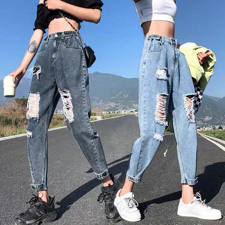 SIÊU PHẨM Quần baggy nữ BIG SIZE lưng cao, rách bụi, lai kiểu 3466 phom to