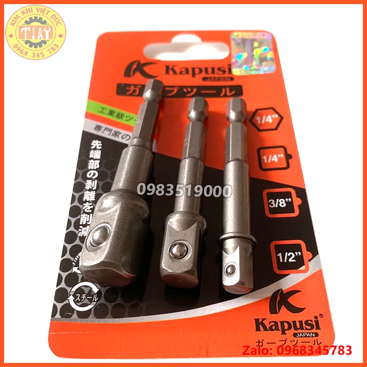 Bộ 3 đầu chuyển vặn khẩu Kapusi JAPAN chuôi lục giác cho máy khoan điện, khoan pin cỡ 1/2 - 3/8 - 1/4 thép cứng siêu bền