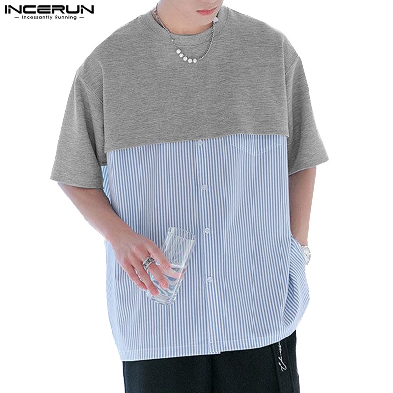Áo kiểu INCERUN tay ngắn cổ tròn họa tiết kẻ sọc đơn giản thời trang cho nam