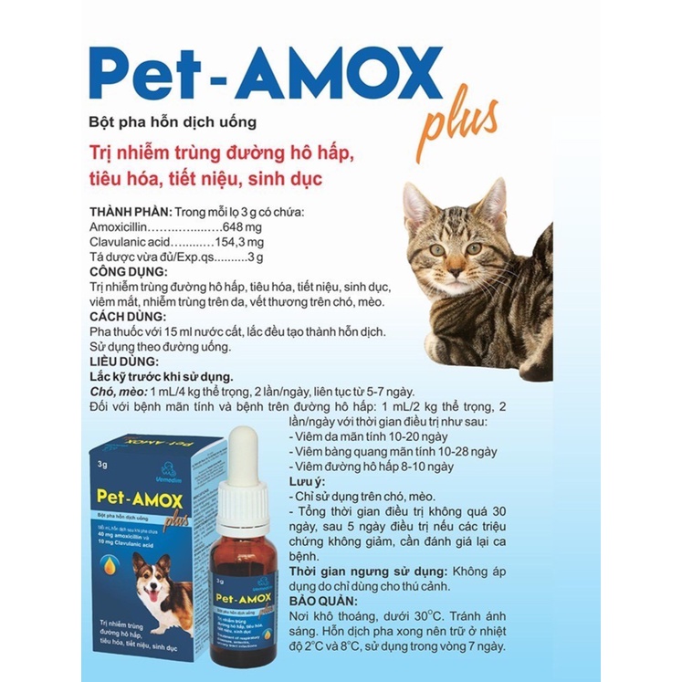 Dung Dịch Uống Pet-Amox Plus Giảm Tiêu Chảy, Hô Hấp Cho Chó Mèo chai 3g