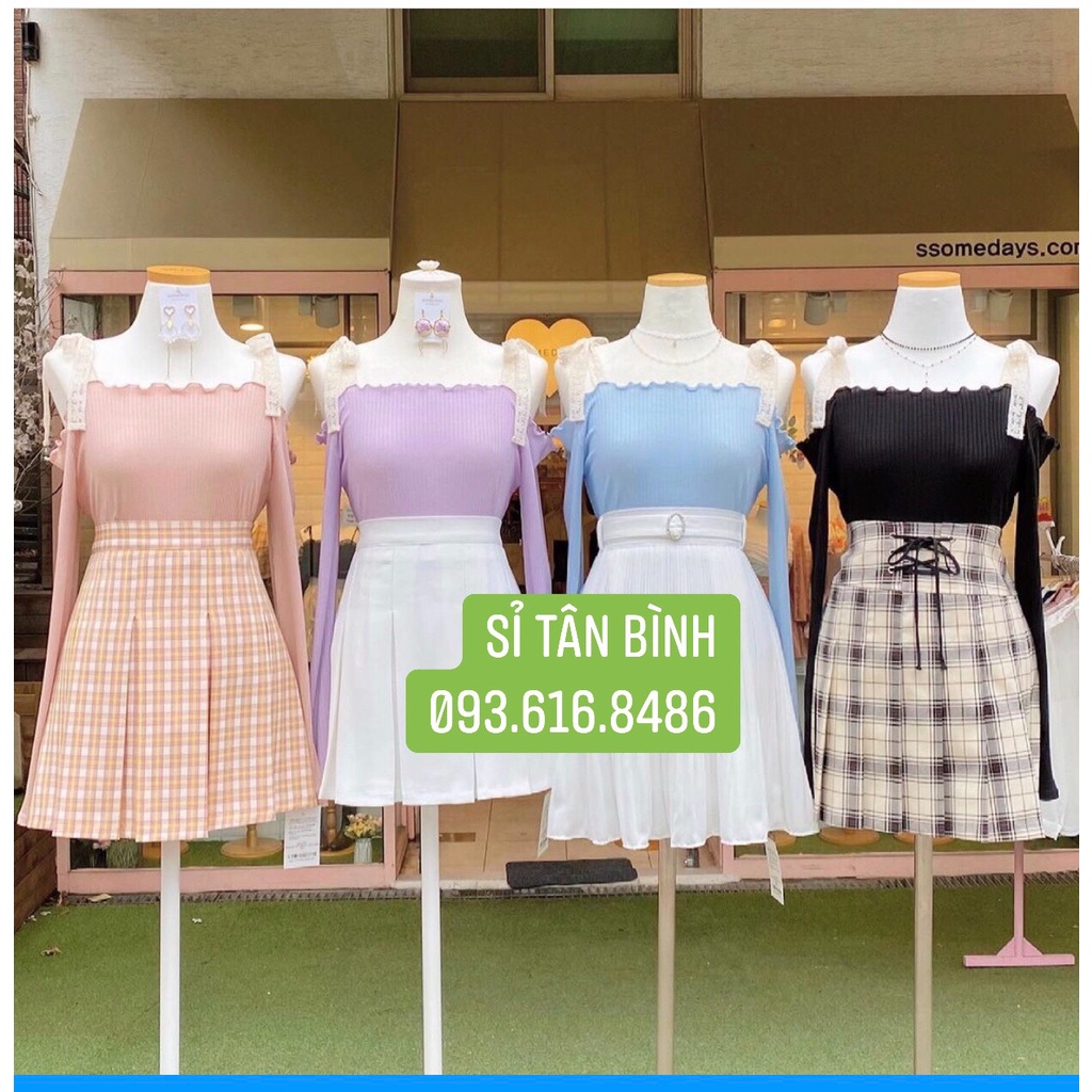 Áo thun nữ trễ vai tay dài bánh bèo tiểu thư, áo cột nơ vai tay dài phối ren A224