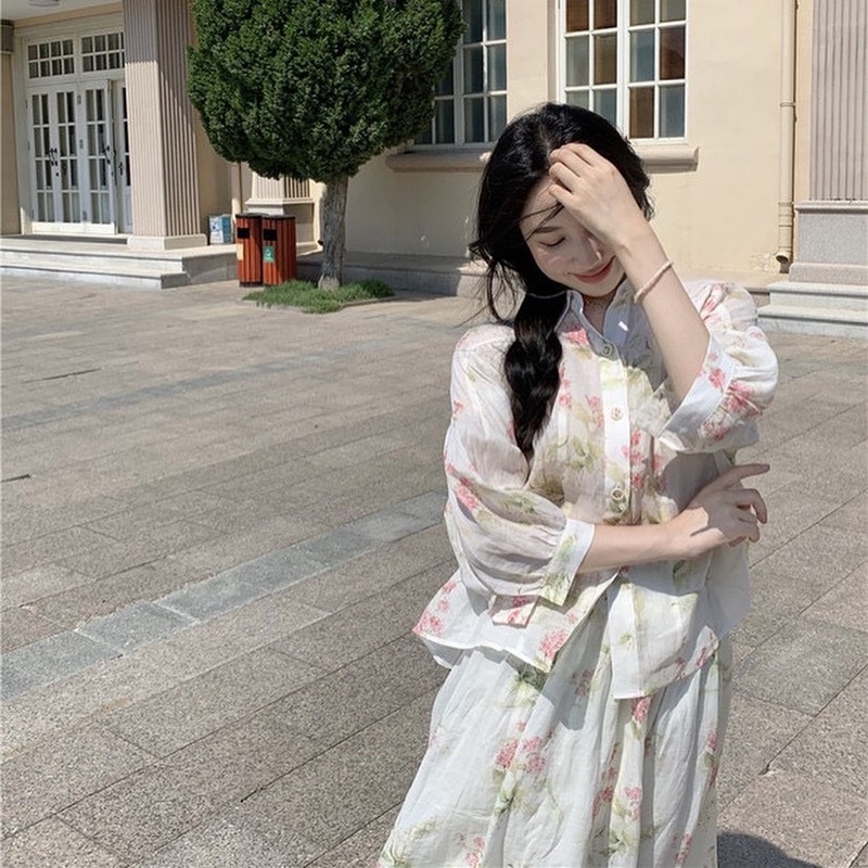 Set áo sơmi váy hoa dáng dài ulzzang