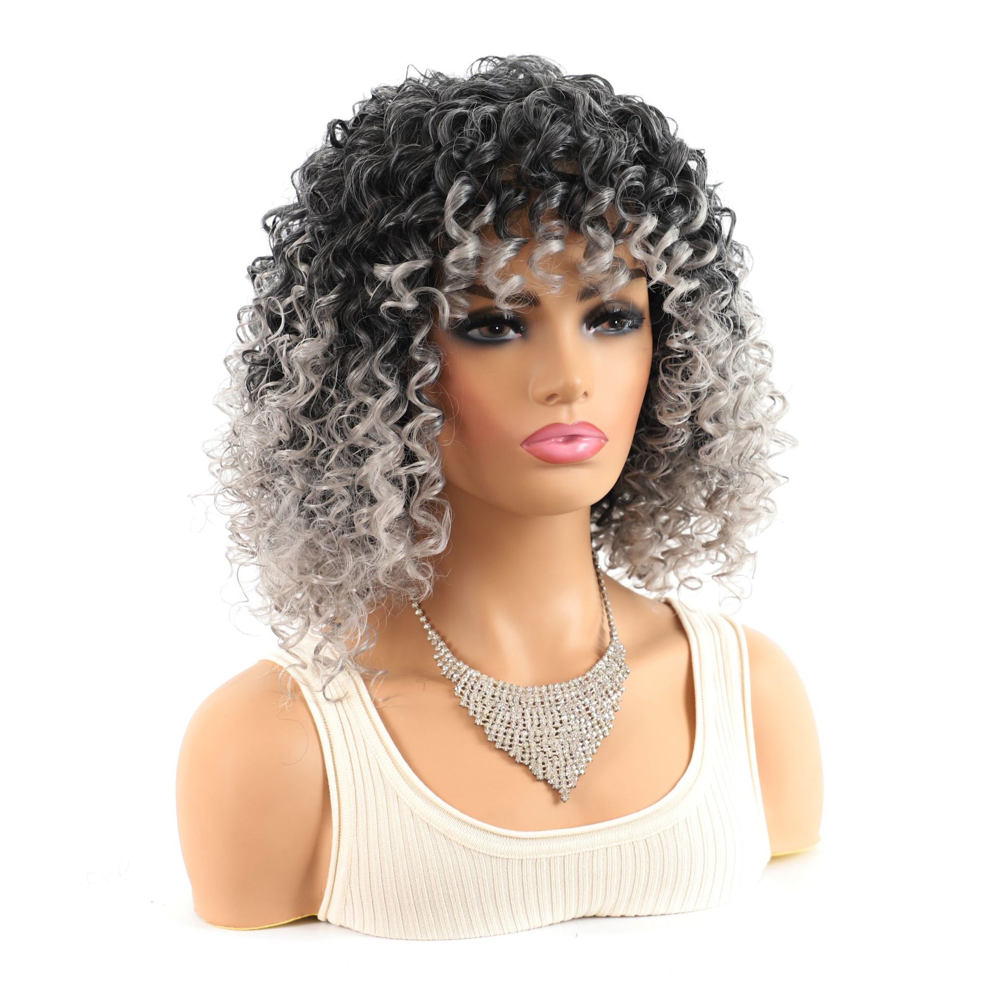 ❤️❤️❤️ Short Hair Wig Afro Kinky Curly Hair Full Wig Ombre Gray Synthetic Hair Deep Curly Full Wig