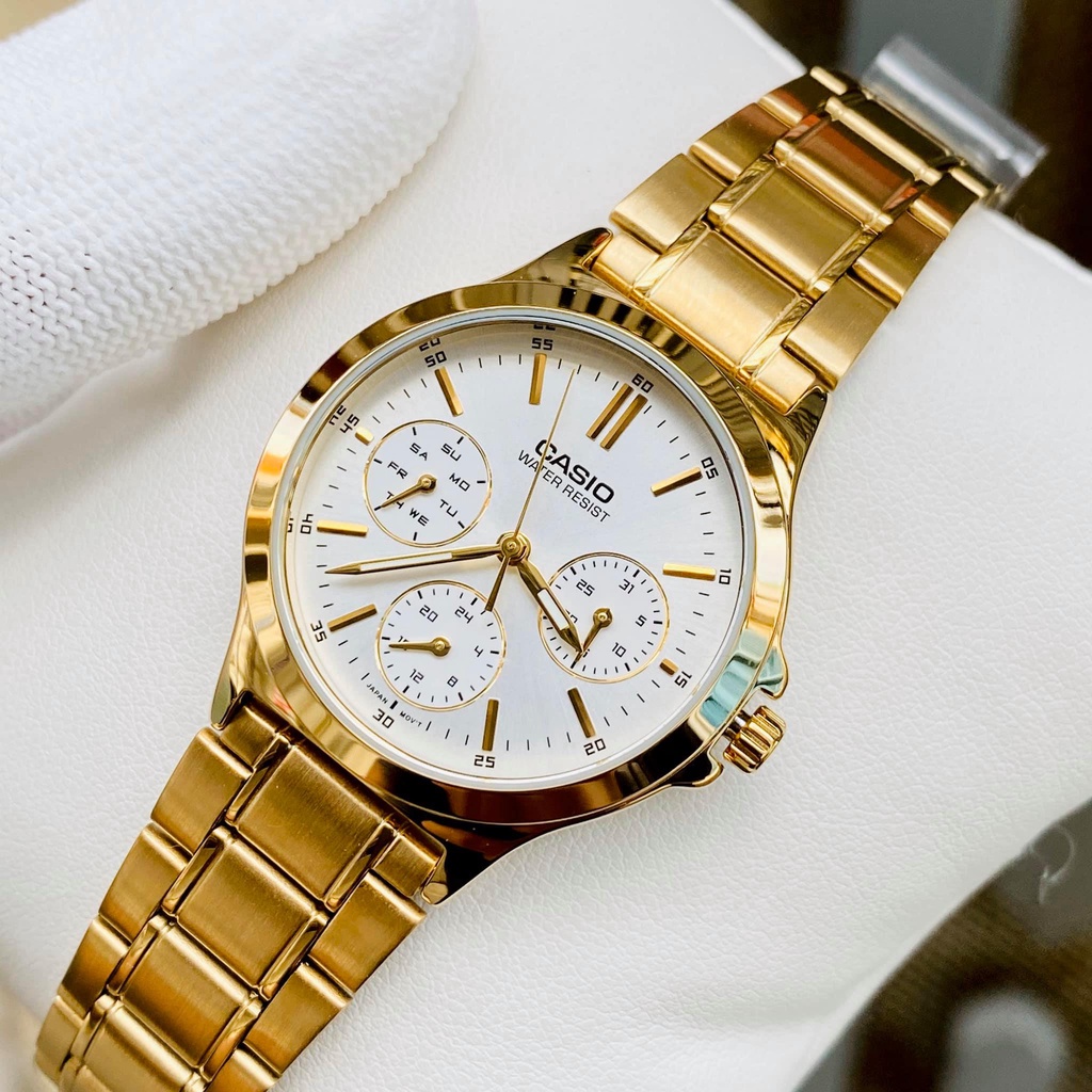 Đồng hồ Nữ Casio LTP-V300G-7AUDF, đồng hồ chính hãng, dây vàng mặt trắng, 6 kim