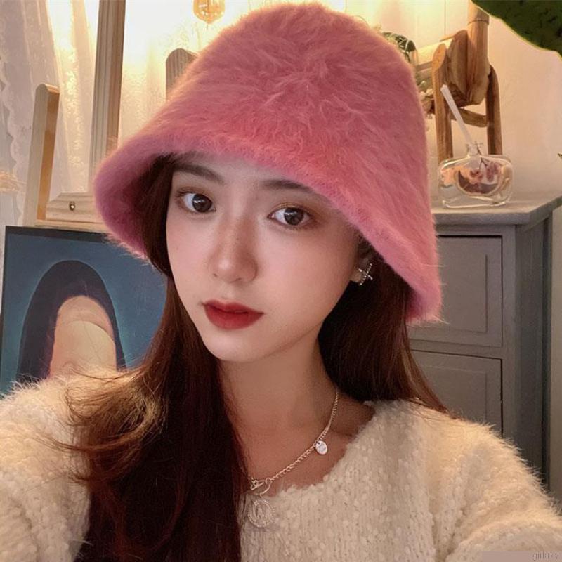 Mũ bucket nữ phối lông cừu giả dày dặn màu trơn thời trang phong cách Hàn Quốc
