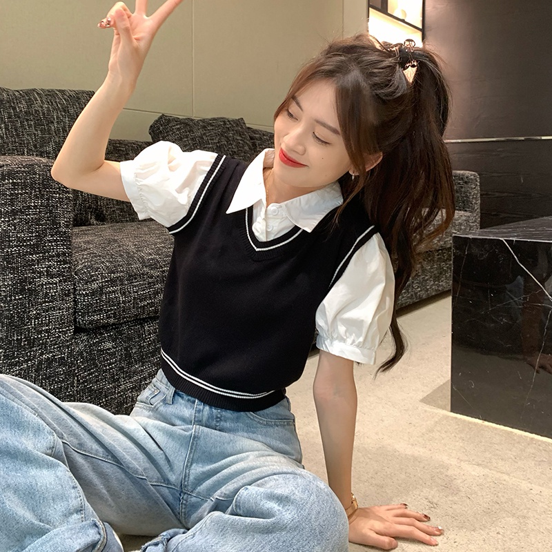 Áo kiểu ZHELIHANGFEI giả hai lớp tay ngắn cổ polo kết hợp màu sắc tương phản thời trang độc đáo