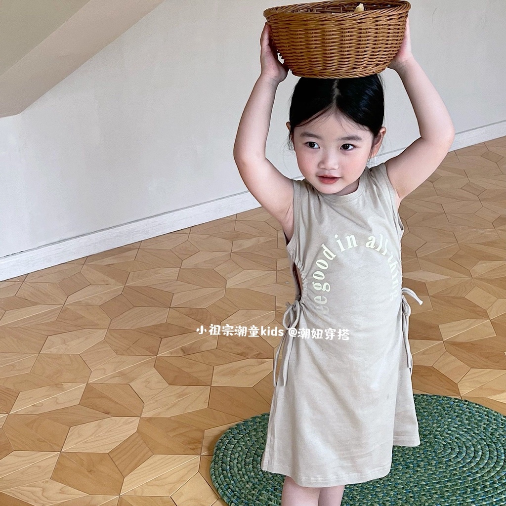 Đầm Thun Dáng Dài Cột Dây In Chữ Thời Trang Mùa Hè Phong Cách Hàn Quốc Cho Bé Gái