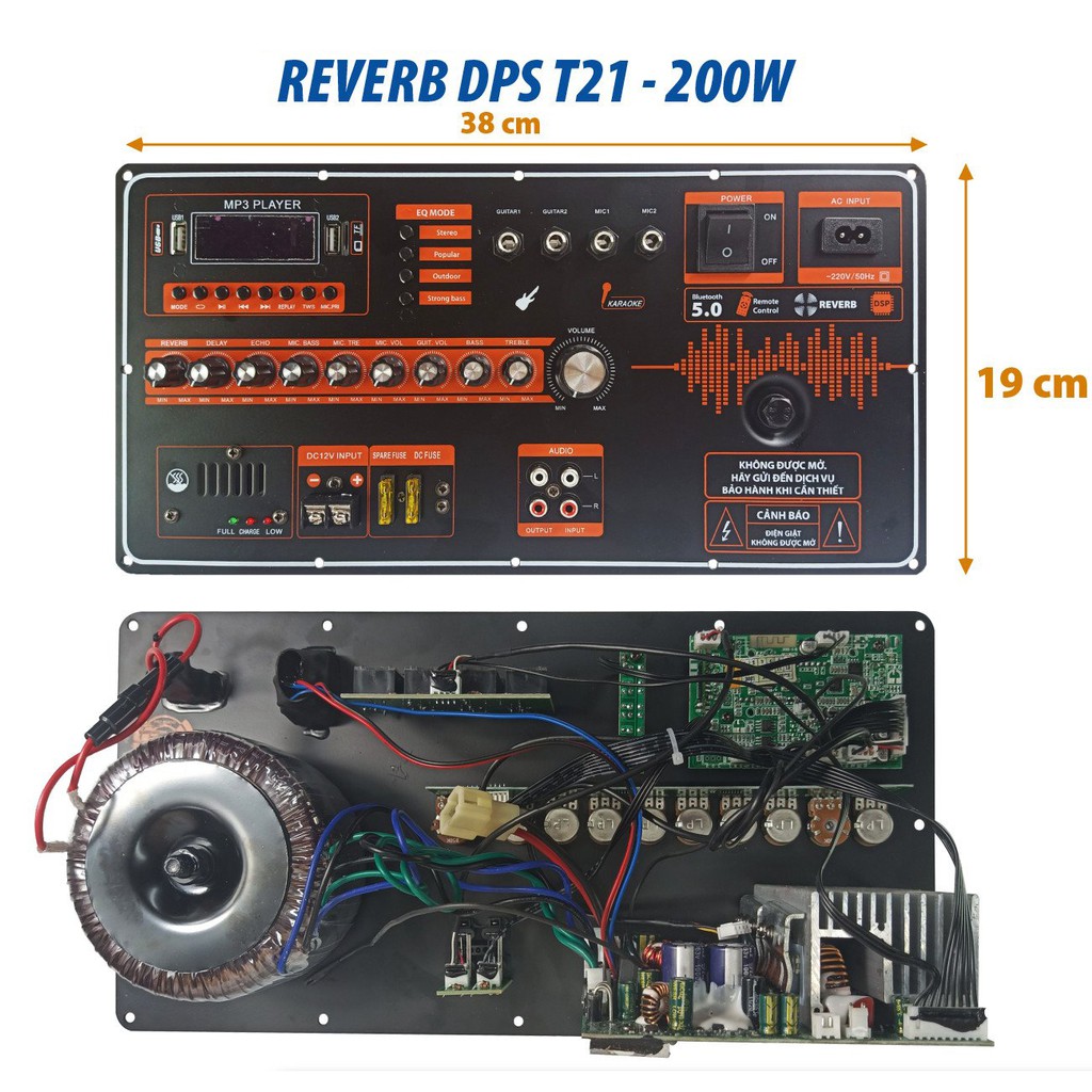 Bo Mạch Loa Kéo Nguồn Xuyến đánh 2 Bass 40, 5 Tấc đơn Mạnh Mẽ có Echo Reverb DSP, kích thước 19 * 38