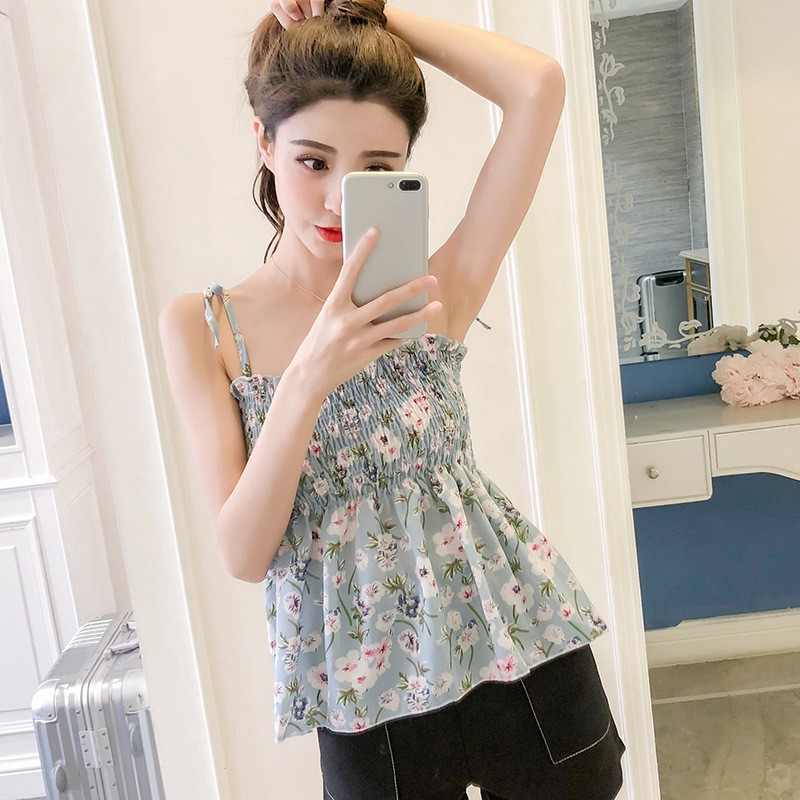 [Baywellfashion]Women's Spaghetti Strap Floral Print Lace Up Ruched Camisole | BigBuy360 - bigbuy360.vn