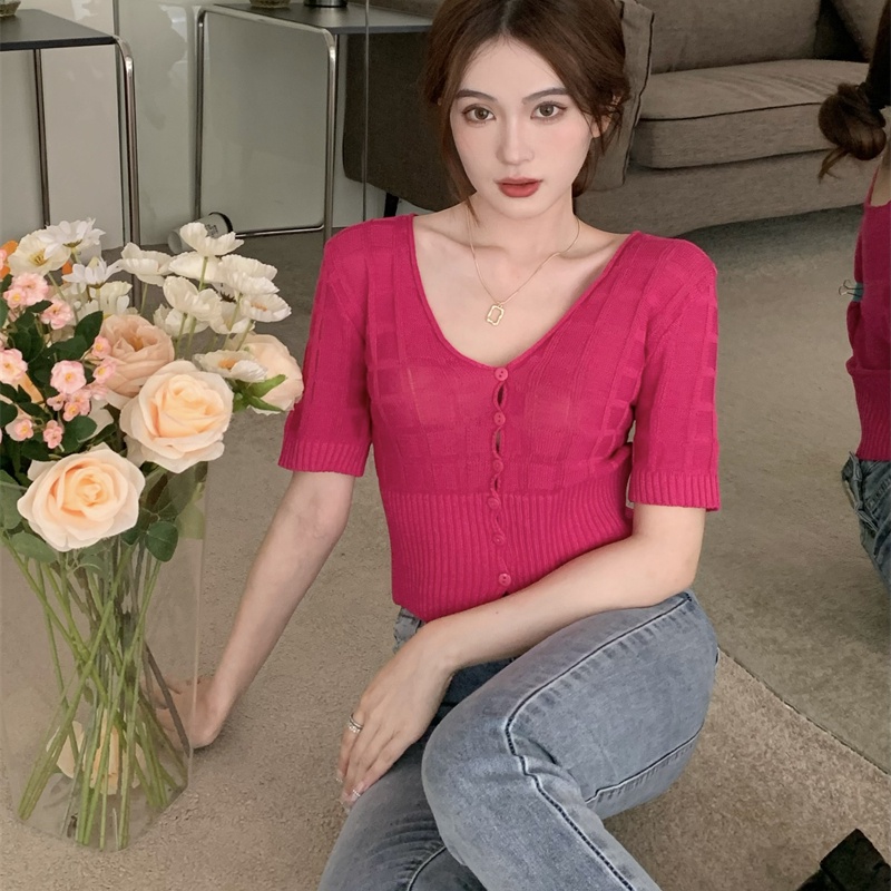 SUXI Áo Dệt Kim Ngắn Tay Cổ Chữ V Màu Sắc Trơn Thời Trang Mùa Hè Cho Nữ