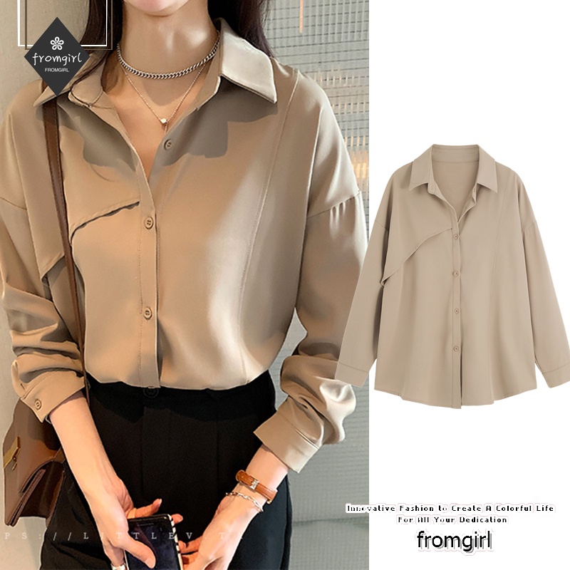  Áo sơ mi tay dài cổ chữ V dáng rộng thời trang mùa thu cổ điển cho nữ