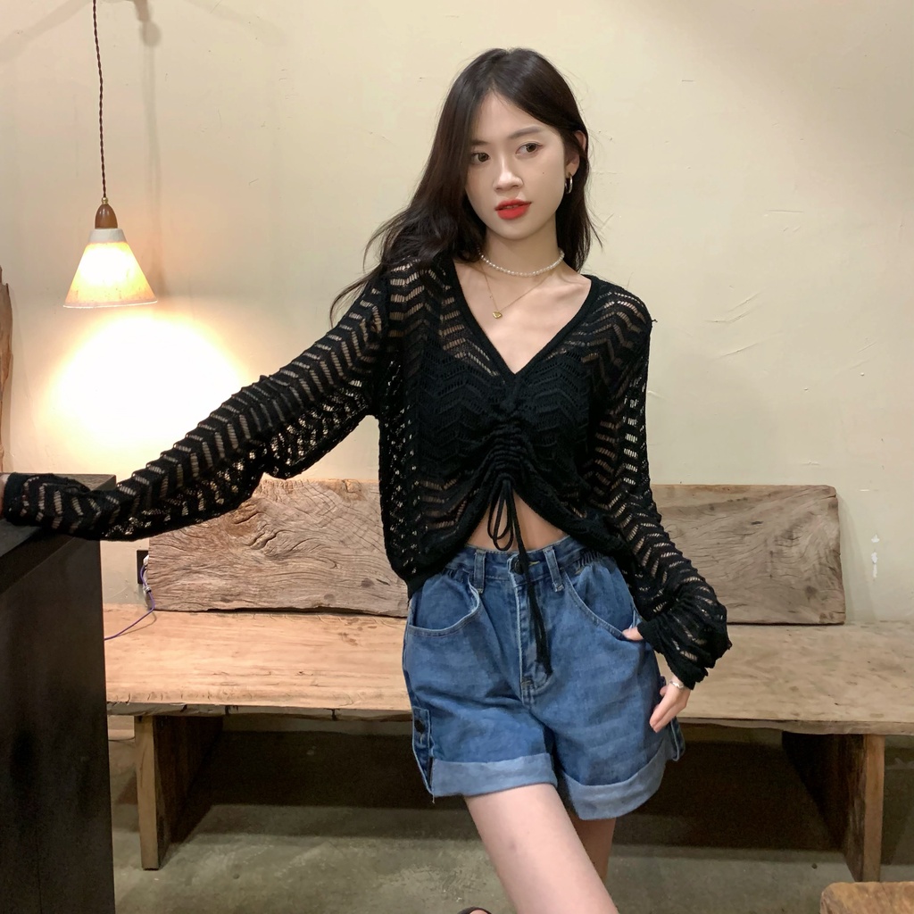 【ZHELIHANGFEI】Áo Dệt Kim Tay Dài Dáng Rộng Phối Dây Rút Thời Trang Trẻ Trung Cá Tính