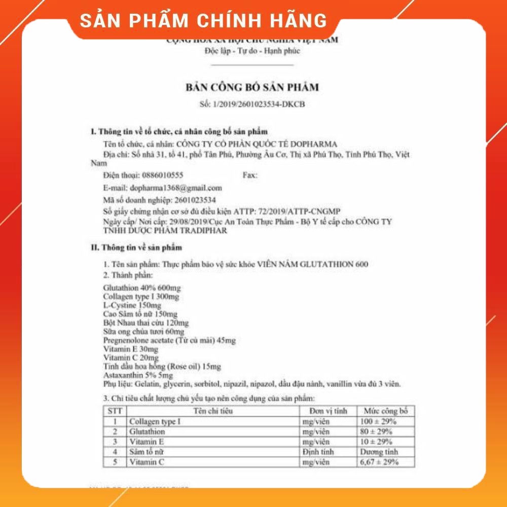 Viên uống trắng da Glutathione 600 Dr Lacir hộp 30 viên hàng chính hãng 100% NGUYÊN MÃ