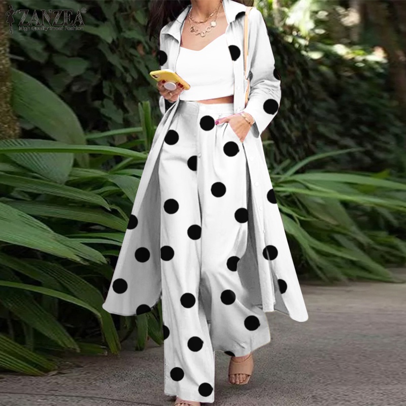 Set đồ Zanzea gồm áo sơ mi chấm bi dài tay cổ bẻ + quần dài ống rộng thời trang cho nữ