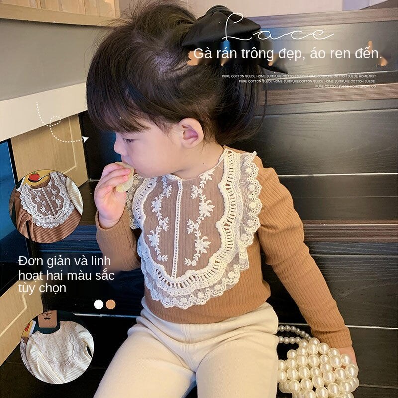 Áo Thun Tay Dài Phối Ren Thiết Kế Mới Dễ Thương Thời Trang Xuân Thu 2020 Cho Bé Gái