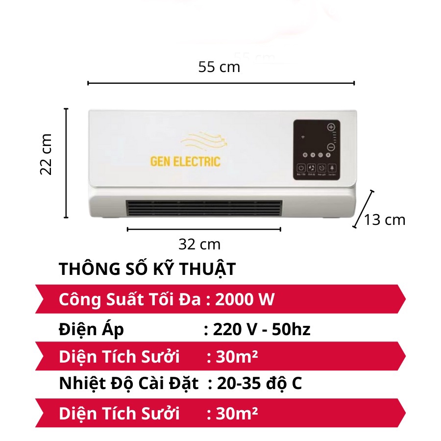 Máy sưởi gốm Gen Electric GH-02, quạt sưởi gắn tường phòng khách phòng ngủ điều khiển từ xa công suất 2000W- BH 12 tháng