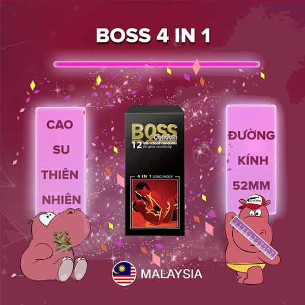 Bao cao su BOSS 4 IN 1, bcs gân gai siêu mỏng chống xuất tinh sớm kéo dài thời gian