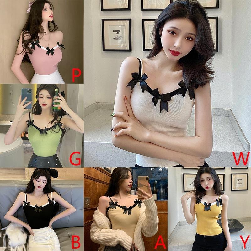 Áo Hai Dây Dệt Kim Cổ Chữ V Đính Nơ Dáng Ôm Gợi Cảm Dành Cho Nữ