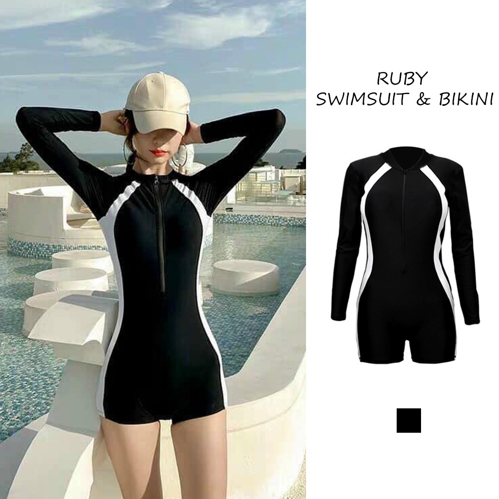 Bikini Đồ Bơi Một Mảnh Dài Tay  Dạng Short Màu Đen Chạy Sọc Trắng RUBYR26 | BigBuy360 - bigbuy360.vn