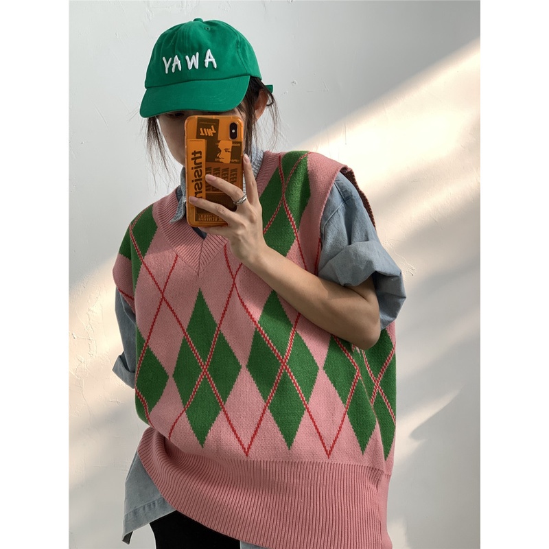 Áo dệt kim không tay dáng rộng phong cách retro đơn giản