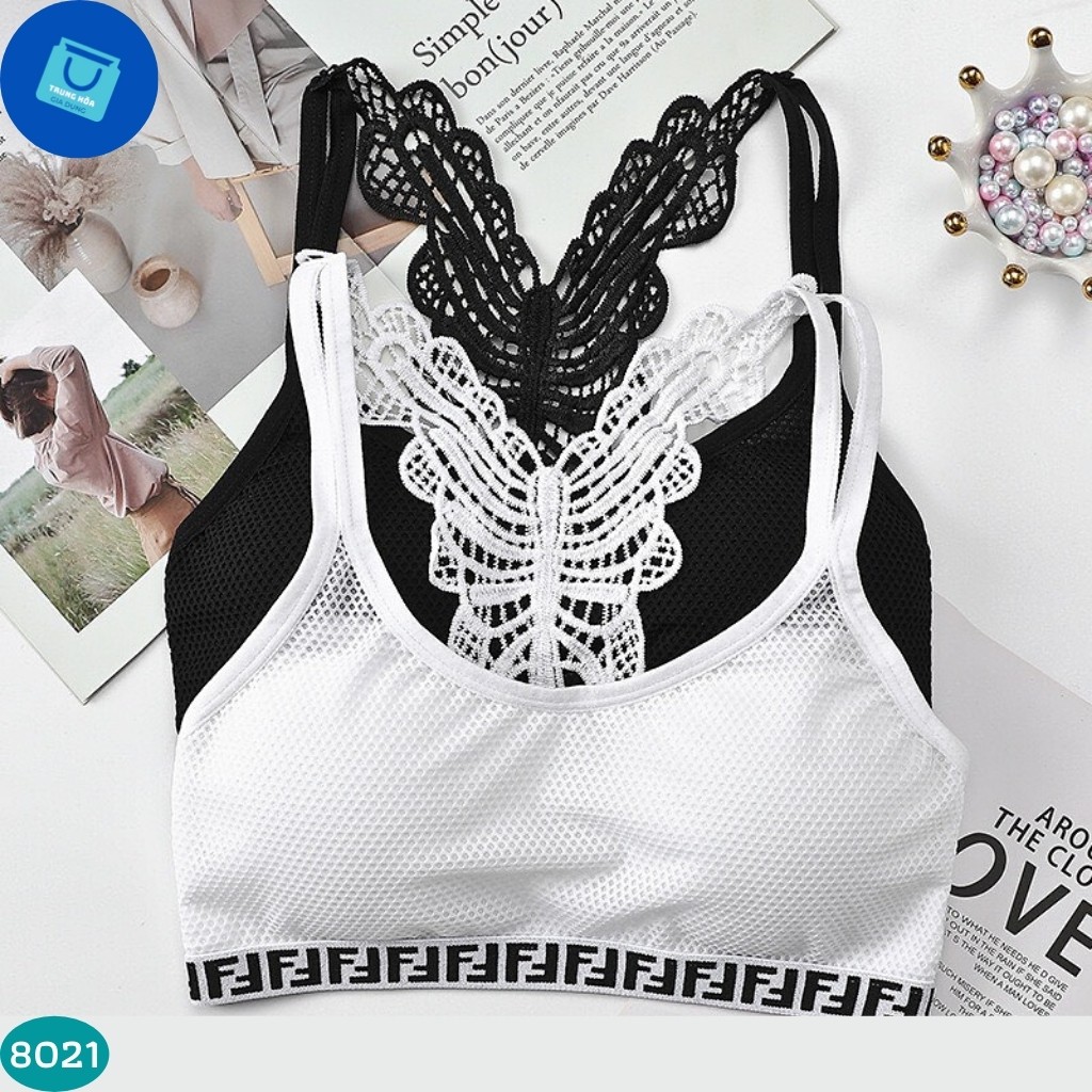 【8021】Nội Y, Bra Cotton, Áo Tập Gym, Yoga 2 Dây Cổ V Phối Ren Sau Lưng Áo Ngực Học Sinh