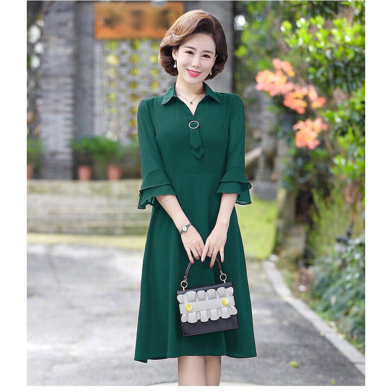 Đầm trung niên sang trọng u40 u50 dự tiệc cho mẹ chất liệu voan cổ sơ mi tay lỡ dáng suông qua gối đẹp thanh lịch