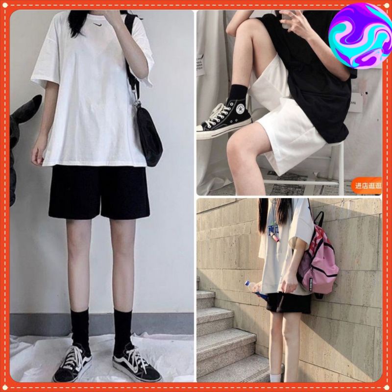 Quần đùi phong cách ulzzang trơn dáng rộng cạp chun