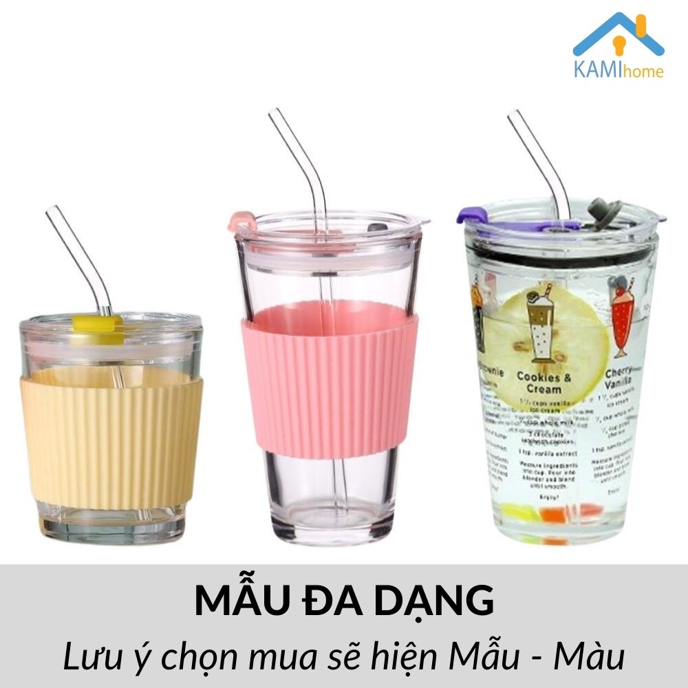 Ống hút Inox Ly thủy tinh uống nước có Nắp và Ống hút (Bán thêm Vỏ bọc Silicone) chịu nhiệt nóng lạnh cỡ 450ml KMH 22053