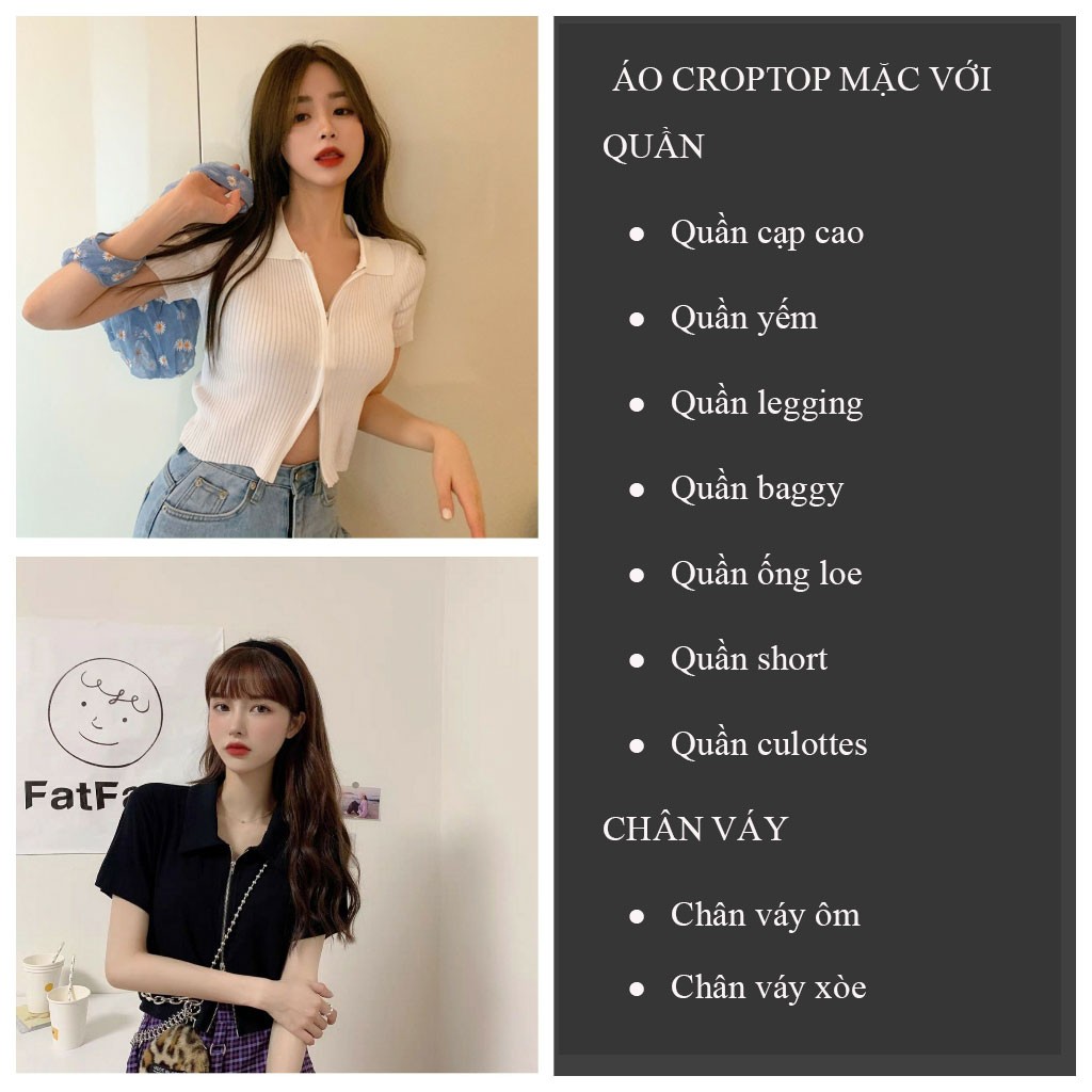 Áo polo croptop nữ ôm body khóa Ulzzang 2 màu trắng đen chất thun gân - VIETCEN