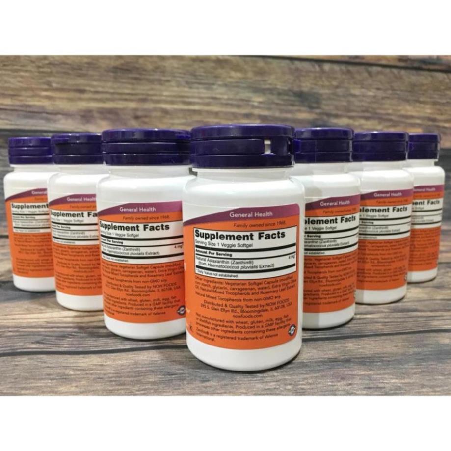 ASTAXANTHIN Viến uống bổ sung Chống Lão Hóa Đẹp Da NOW Astaxanthin 4mg 60 viên