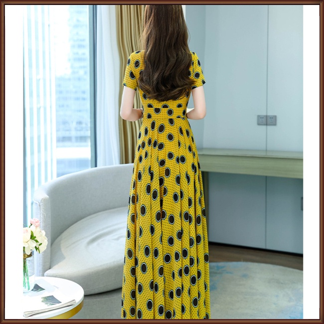 Đầm Đi Biển Tay Ngắn Cổ Chữ V Họa Tiết Chấm Bi Phong Cách Retro Dành Cho Nữ