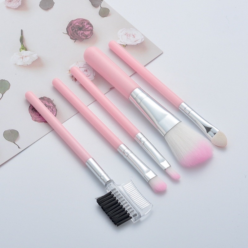 Bộ cọ trang điểm make up 5 món mini tiện lợi màu hồng size 12.5-13.5cm