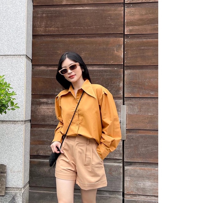 DOTTIE - Áo sơ mi lá cổ nhọn nữ vàng nâu T0348